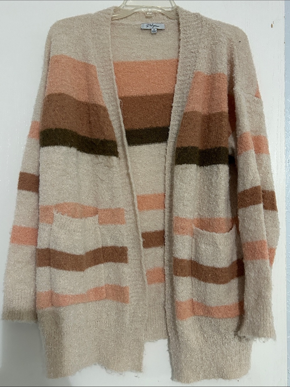 Polagram Striped Open Cardigan in Beige, Peach & Brown